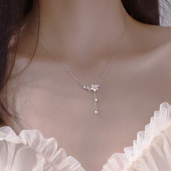 *NEW 925 Sterling Silver Diamond Flower Necklace Y - Picture 1 of 8